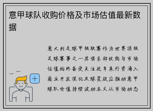 意甲球队收购价格及市场估值最新数据