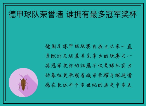 德甲球队荣誉墙 谁拥有最多冠军奖杯